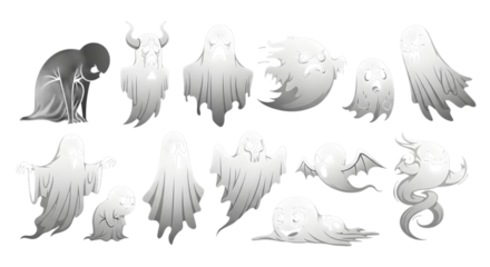 Assortment of spectral ghosts and spirits in various forms isolated on transparent background