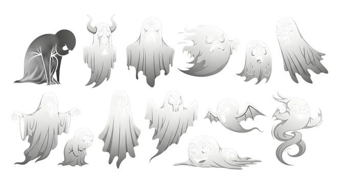Assortment of spectral ghosts and spirits in various forms isolated on transparent background