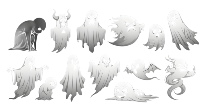 Assortment of spectral ghosts and spirits in various forms isolated on transparent background