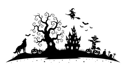 Halloween silhouette with haunted house, witch, and wolf isolated on transparent background