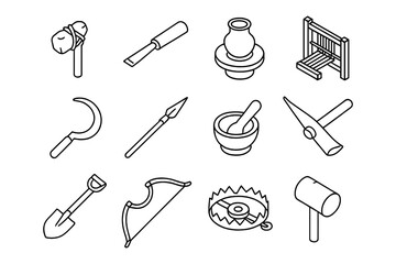 Collection of ancient tools and weapons in isometric black and white line art