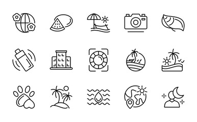 Beach line icon set. Travel, beach, surfing, hotel, tourism, landscape, camera, passport, ice cream, sunset, trip, sea line icon pack.