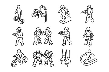 Futuristic activities and tech gadgets in simple linear doodle style