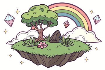 Floating island with tree rainbow and gems fantasy