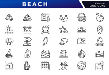 Beach linear icon set. Travel, hotel, vacation, tourism, trip, surfing, sea, landscape, sunset, passport, outline UI thin line pack. Editable stroke
