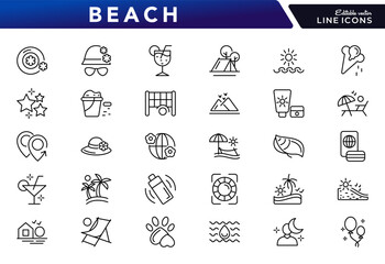 Beach line icon set. travel, beach, surfing, hotel, tourism, landscape, camera, passport, ice cream, sunset, trip, sea vector thin line UI icon pack. Editable stroke