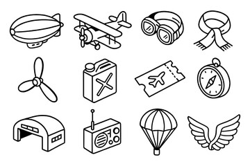 Aviation icons set: retro air travel with bold outlines and classic transport elements