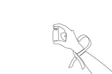 Single continuous line drawing hand holds medical glass vial or vaccine bottle with red ribbon on wrist. Vaccination. Treatment. National HIV Vaccine Awareness Day. One line design vector illustration