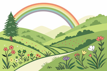 Obraz premium Green Hills Valley with Rainbow and Flowers nature