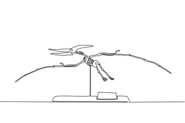 Single continuous line drawing pteranodon dinosaur skeleton in museum room. Wild animals flying in the past. Becoming a human threat. International Museum Day. One line design vector illustration © Simple Line