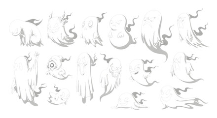 Collection of ghostly figures and wisps isolated on transparent background