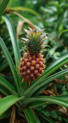 Obraz premium Immature pineapple plant with brown fruit and green leaves, growing in nature