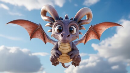 Cute purple cartoon dragon flying in a blue sky illustration