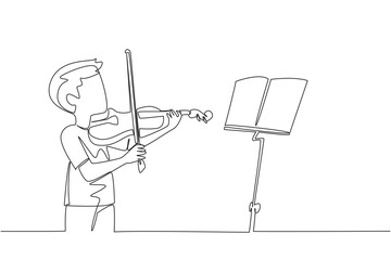 Single continuous line drawing a little boy playing the violin in front of the note stand. First day of the course. Soaking up every note. Sound. World Fiddle Day. One line design vector illustration