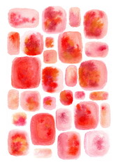 A watercolor pattern composed of rectangular and oval shapes of varying sizes. The color palette ranges from soft pink to rich red with smooth transitions and soft, blurred edges.