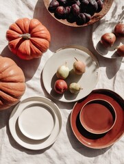Cozy autumn flat lay with pumpkins, plums, and pears on a rustic table. Warm seasonal atmosphere, perfect for lifestyle, home decor, and food photography concepts.