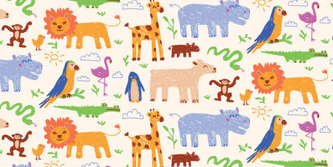 Playful animal pattern with lion, giraffe, parrot, hippo, crocodile, flamingo, penguin, monkey and duck, snake and clouds. Crayon style seamless vector for kids textile, wallpaper, print