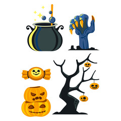 Halloween Icons Spooky Decorations, Witch's Cauldron, Candy, and Jack-o'-lanterns for Your Festive Holiday