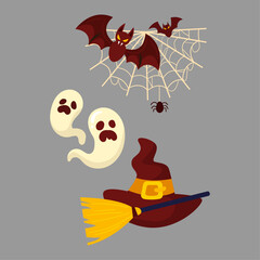 Spooky Halloween elements including bats, ghosts, spider web, and witch's hat with broom