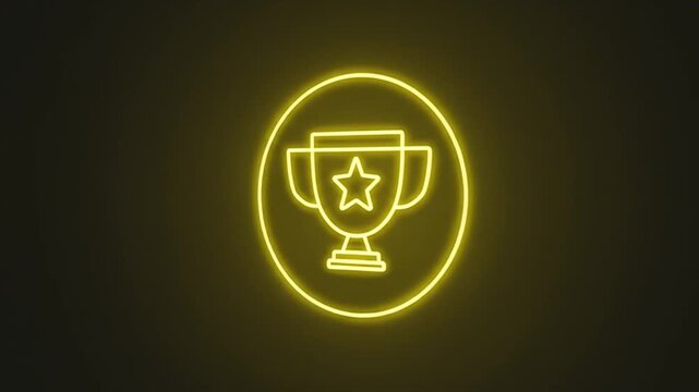 Glowing neon trophy icon on dark backdrop for achievement and success