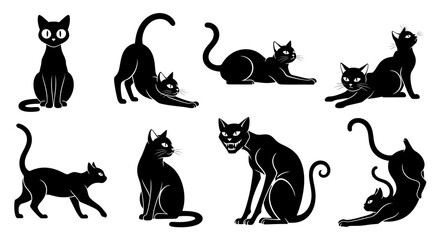 Set of black cat silhouettes isolated on transparent background