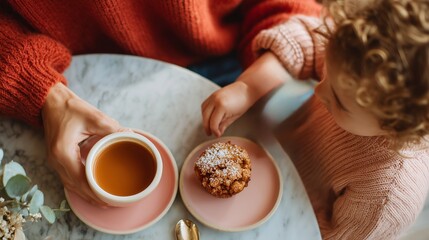 Enjoying warm tea and pastries during a cozy afternoon with a child