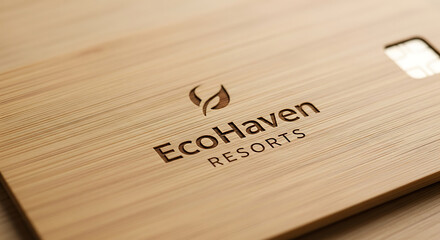 Sustainable tourism brand identity with a natural engraved wood card, EcoHaven Resorts showcases eco-friendly values and commitment to environmental protection