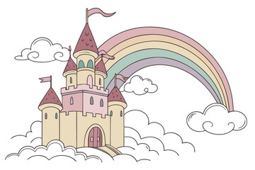 Fototapeta premium Pastel fantasy castle with rainbow and clouds vector