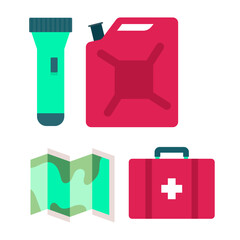 Emergency preparedness kit essentials flashlight, gas can, map, and first aid kit for survival situations