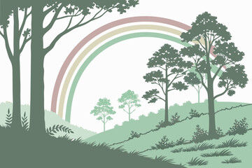 Pastel rainbow arches over a serene green forest landscape