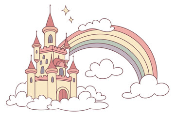 Pastel rainbow castle with clouds and stars fantasy