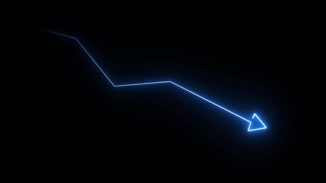 abstract neon blue line graph animation showing a downward trend with a triangle arrow indicating a decline on a dark background, perfect for financial reports and economic data visualizations	