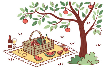 Picnic setup under a tree with fruits and drinks basket