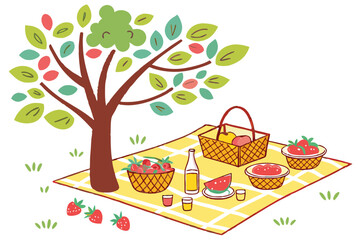 Picnic setup with fruit drinks and blanket under tree