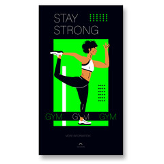 Obraz premium Motivational fitness illustration with a woman performing a yoga pose, promoting strength and wellness