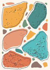 Colorful abstract pebble shapes with terrazzo texture in organic aesthetic style. Modern artwork background for poster, card, printable decor, textile, packaging, or stylish decorative painting.
