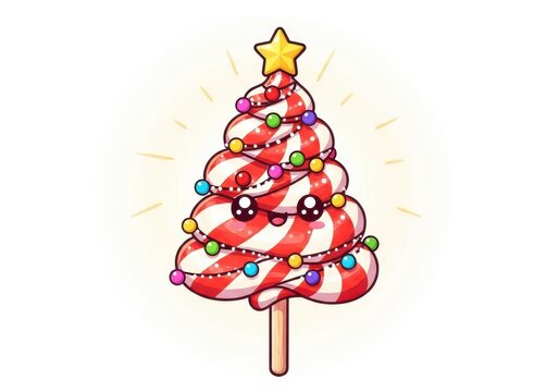 Kawaii Christmas tree lollipop with candy cane stripes and colorful lights image - Powered by Adobe