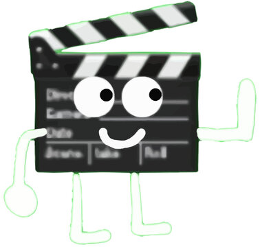 Cute anthropomorphic movie clapperboard character smiling and waving. A cheerful filmmaking mascot illustration isolated on a white background