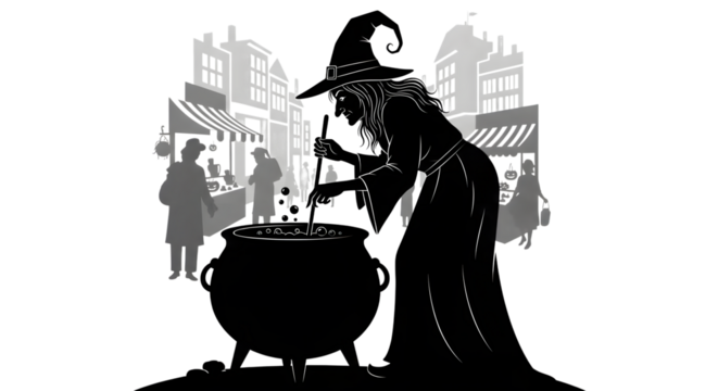Silhouette of a witch brewing a potion in a market, isolated on transparent background - Powered by Adobe