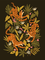 Leopards in different poses cartoon illustration set. Seamless pattern with leopards or jaguars with tropical leaves and plants isolated on dark black background. Wild animal, cat, jungle concept.