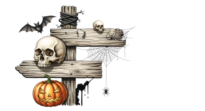 Halloween signpost with skull, pumpkin, bat, and spiderweb, isolated on transparent background