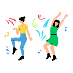 Two joyful women dancing and celebrating with musical notes and colorful confetti, illustration