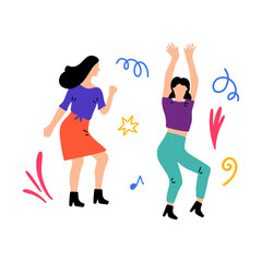 Excited women dancing and celebrating at a party with colorful confetti and music notes