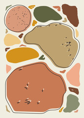 Abstract pebble shapes in terracotta, ochre, beige, and green earthy tones with terrazzo texture. Organic artwork background for poster, decor, branding, packaging, printable card, or template.