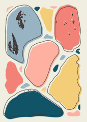 Colorful abstract pebble shapes artwork with organic natural forms in pastel tone of coral, yellow, and blue. Perfect aesthetic background for poster, printable decor, packaging, and wall art project.