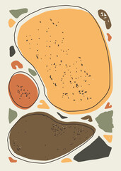 Abstract pebble shapes in warm orange, red, and brown organic tones with textured outlines. Perfect background for wallpaper, poster, decor, artwork, branding, packaging, cards, and modern printables.