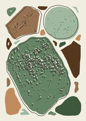 Abstract pebble shapes in deep green and earthy brown tones with organic textured outlines. Perfect background for wallpaper, poster, decor, artwork, branding, packaging, cards, and modern printables.