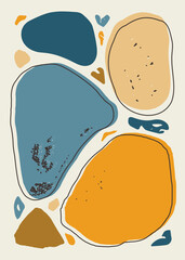 Modern abstract pebble artwork in blue and ochre tones with organic shapes and textured grain. Perfect background for poster, decor, decoration, artwork, aesthetic, and printable design.