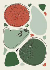 Abstract pebble shapes in green and red earthy tones with organic contours and textured style. Ideal background for poster, decor, decoration, artwork, aesthetic, and printable use.