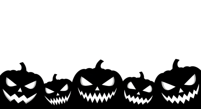 Row of scary jackolanterns isolated on transparent background